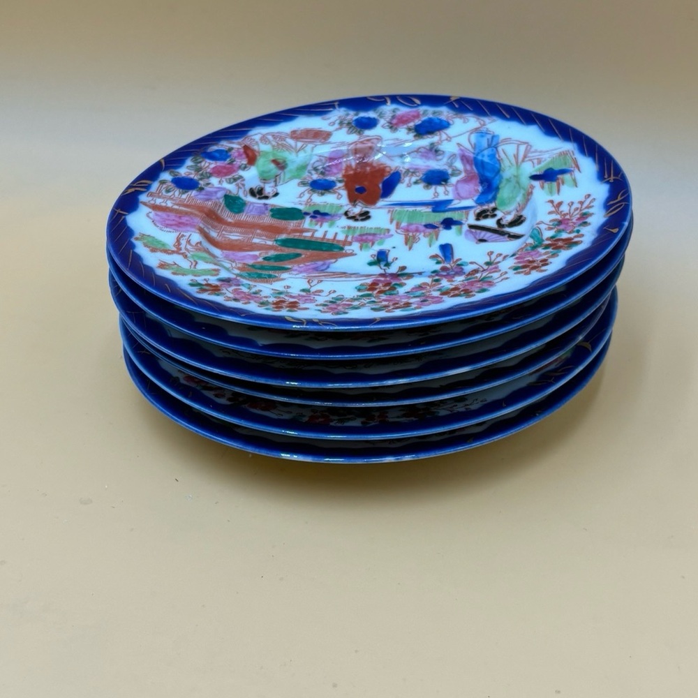 Vintage geisha hand painted plates cobalt blue set of 6, Asian decor - Picture 8 of 9